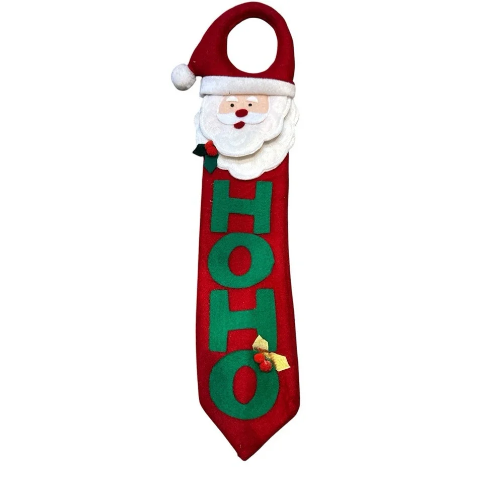 Vintage HO HO Santa Felt DoorKnob Handle Hanger Decor Jingle Bell Holly‎ Xmas